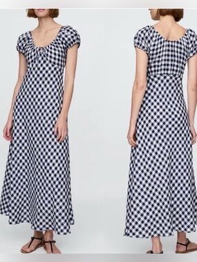 NWT, Gap × DÔEN 100% Linen Scoop Neck Gingham Midi Dress, Navy & White, Size XL